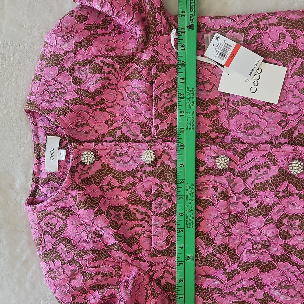 CeCe Antique Olive W/Pink Lace/ Rhinestone Button Cropped Collarless Jacket: XS - Picture 15 of 16